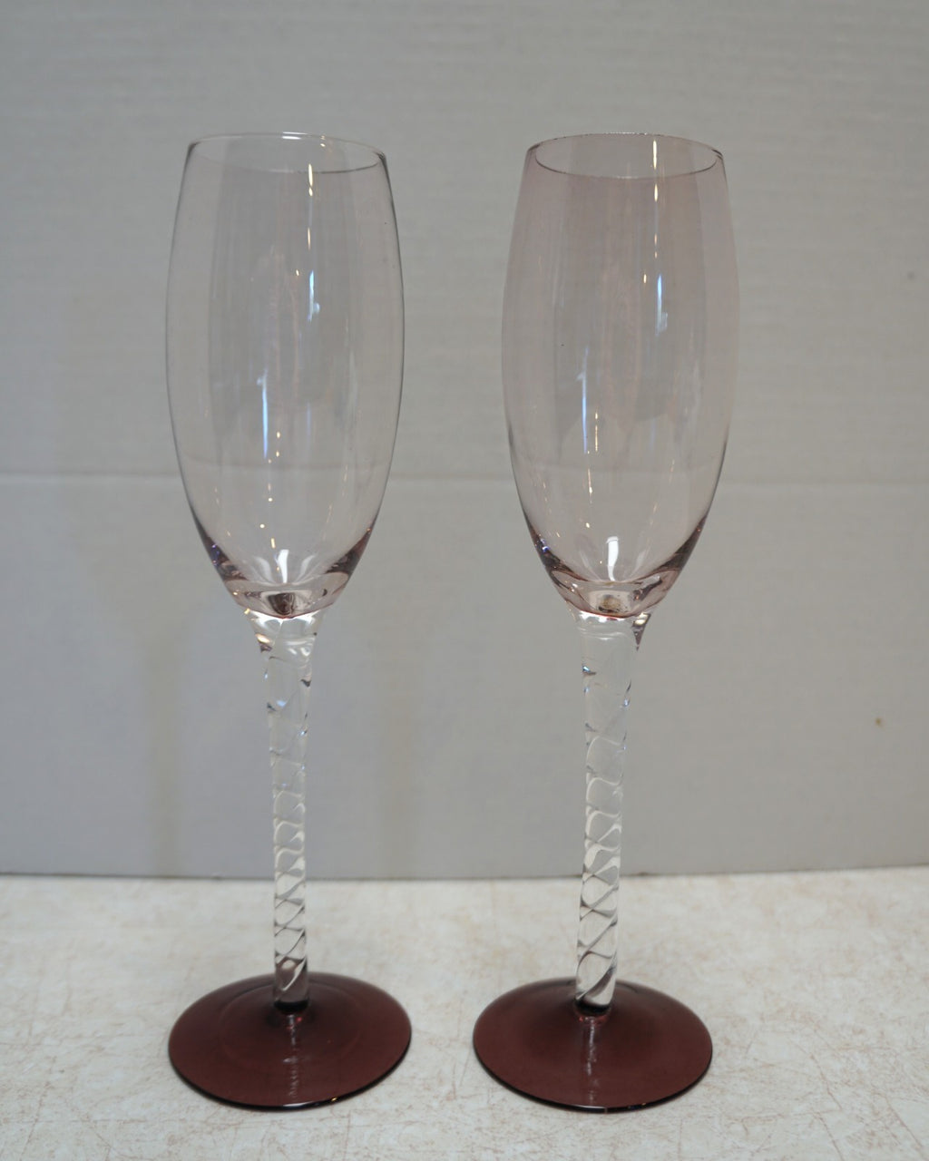 Vintage Twisted Stem Cranberry Clear Glass Champagne Flutes Pair 9 IN
