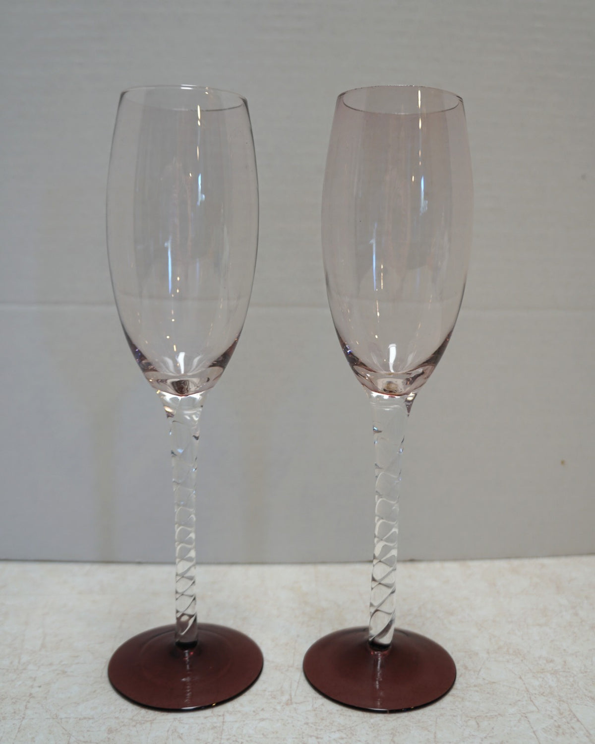 Vintage Twisted Stem Cranberry Clear Glass Champagne Flutes Pair 9 IN
