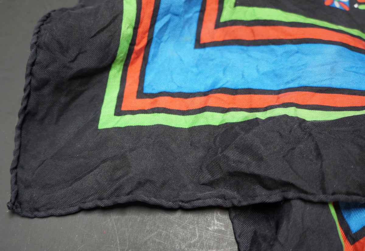 YSL Yves Saint Laurent 1980s Geometric Silk Scarf Black Blue Green Red