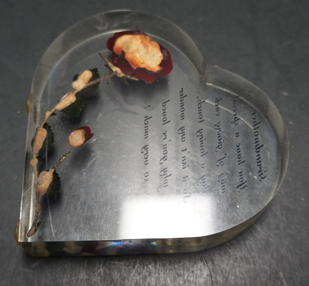 Bircraft Lucite Carved Rose Heart Paperweight Grandmother Poem