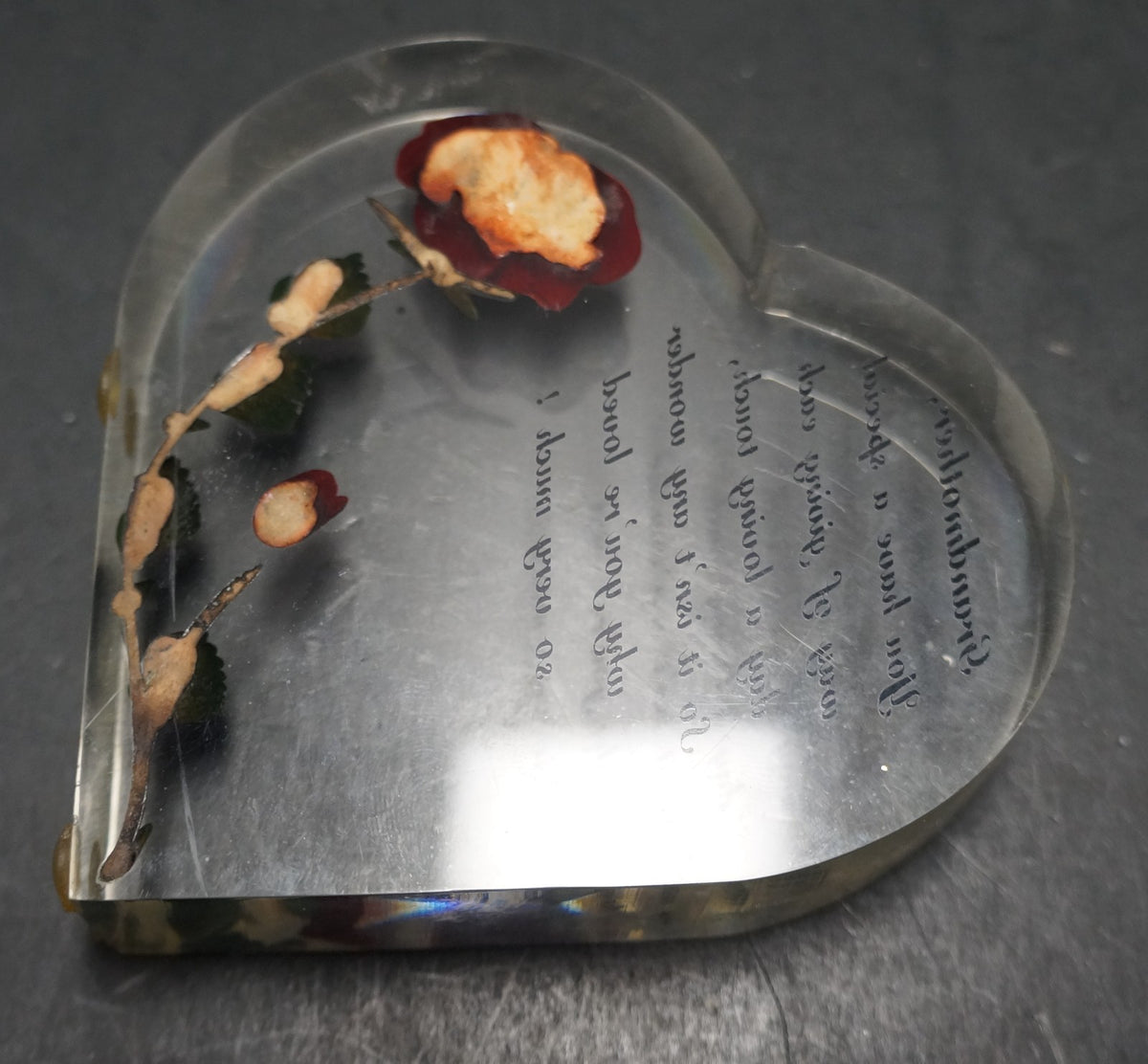 Bircraft Lucite Carved Rose Heart Paperweight Grandmother Poem