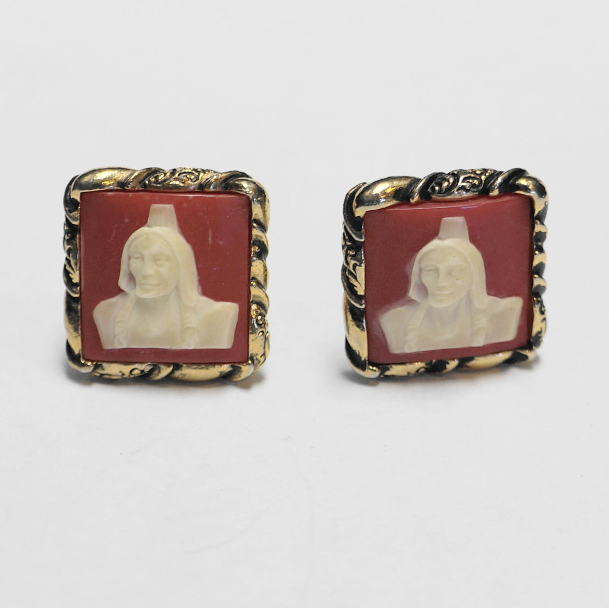 Red White Cameo Molded Plastic Native American Man Image Earrings