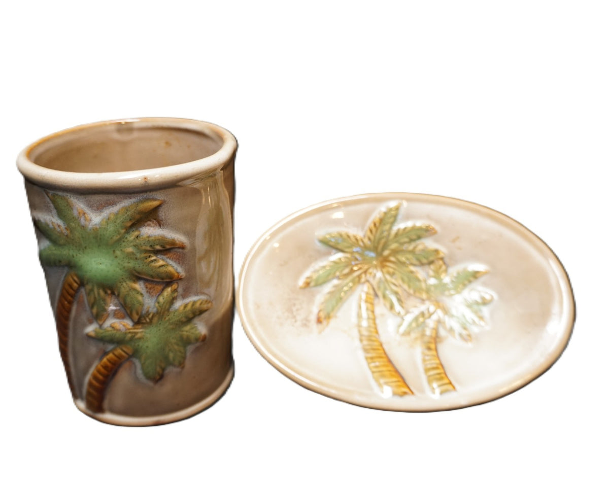 Palm Tree Ceramic Bathroom Set Tumbler Soap Dish Toothbrush Holder