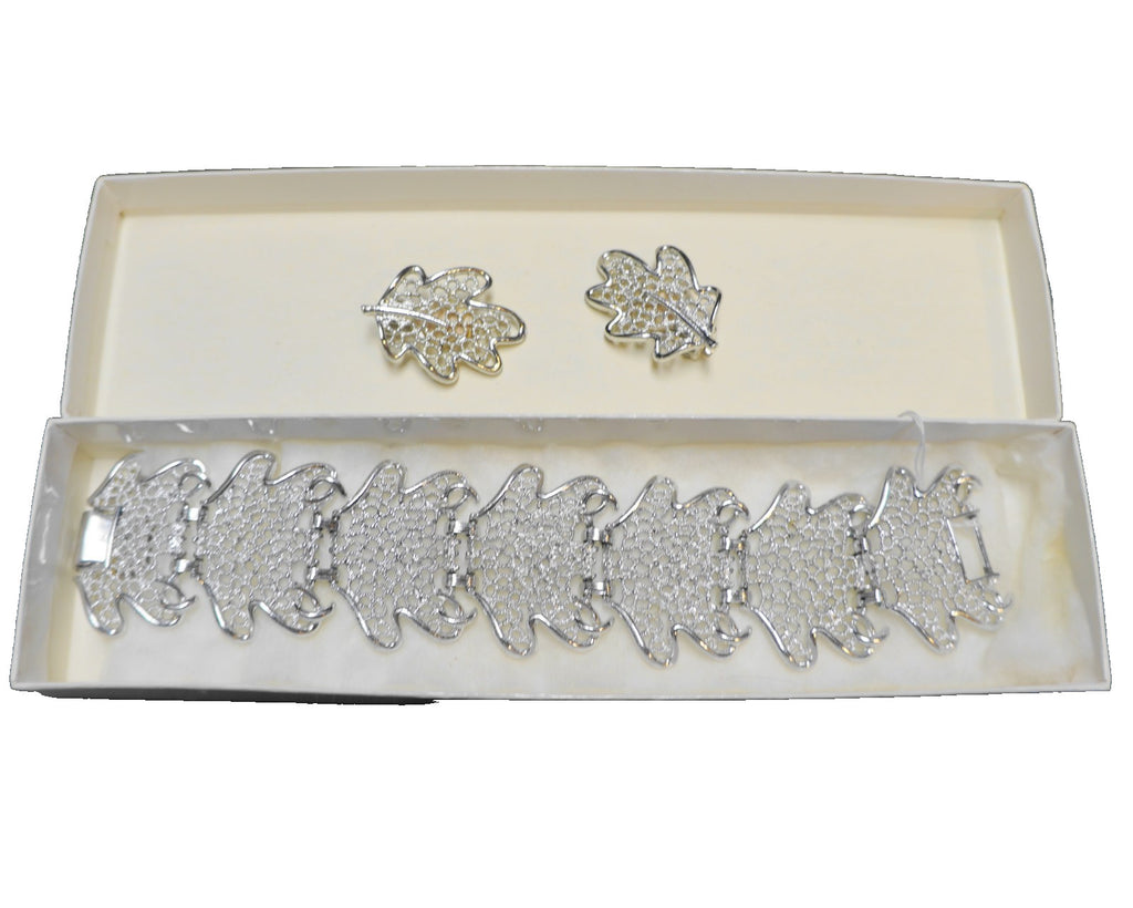 Sarah Coventry Silver Tone Filigree Leaf Links Bracelet Earrings Set