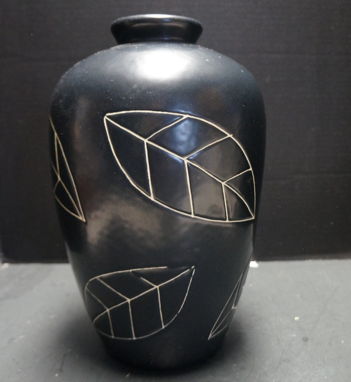 Harris Potteries Black Large 13" Table Vase Cream Incised Leaves