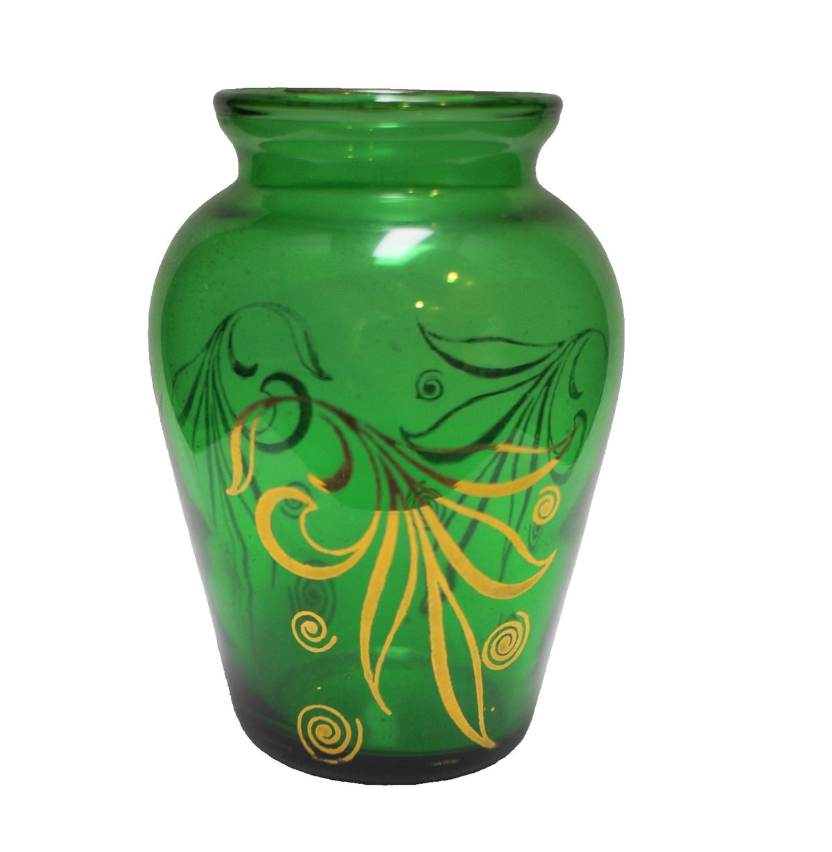 Anchor Hocking Fire King Forest Green Gold Decorated Bud Vase