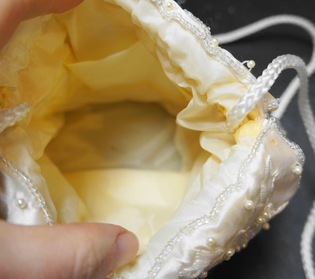 Cream Satin Beaded Drawstring Pouch Purse Evening Bag