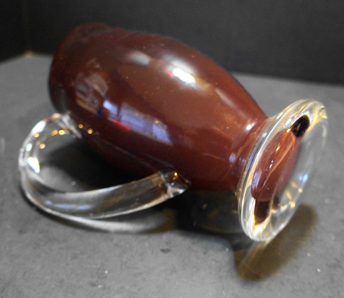 Deep Ruby Red Art Glass Blown Pitcher Vase Clear Applied Handle Foot