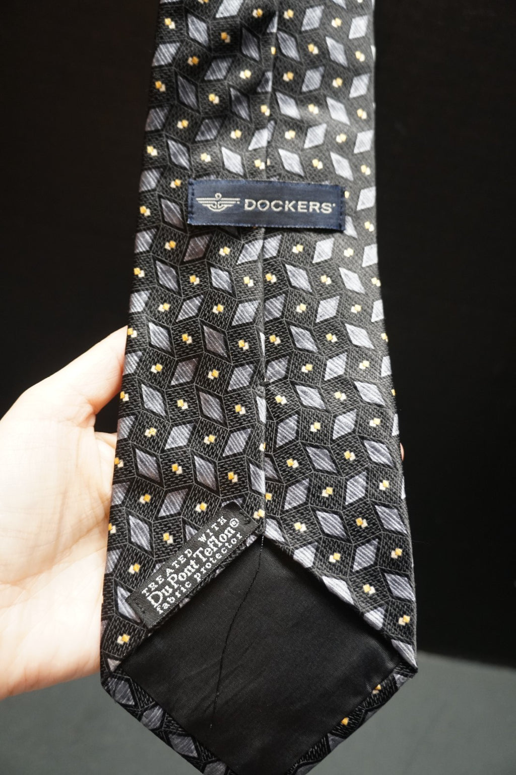 Dockers Black Gray Diamond Pattern Silk Tie Dupont Teflon 1990s Vintage