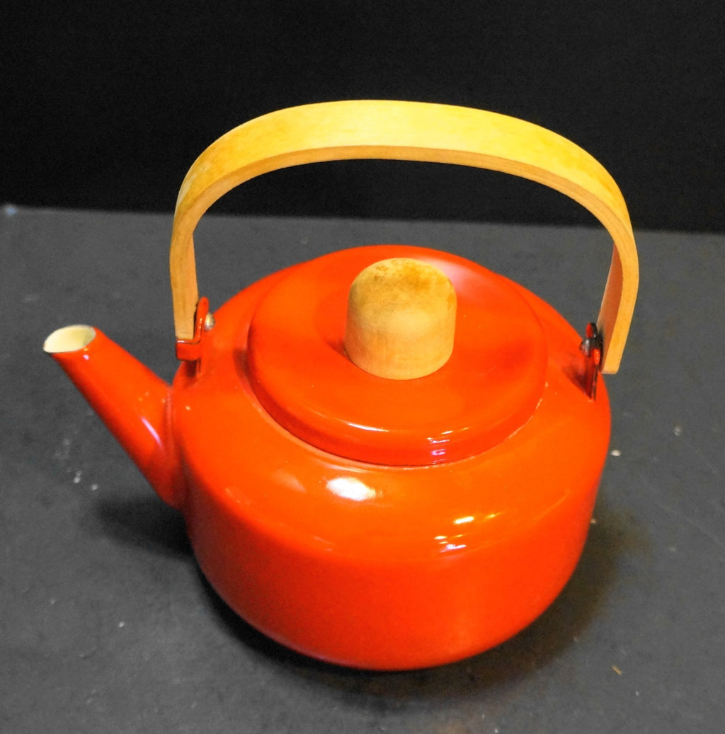 MCM Tomato Red Enamel Small Tea Kettle Tea Pot Pale Wood Handles