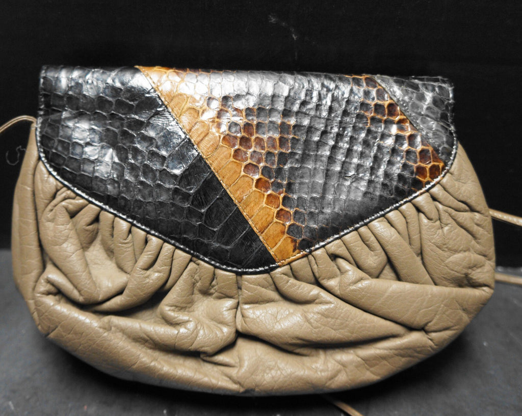 Snakeskin Flap Taupe Brown Leather Small 1980s Clutch Shoulder Bag