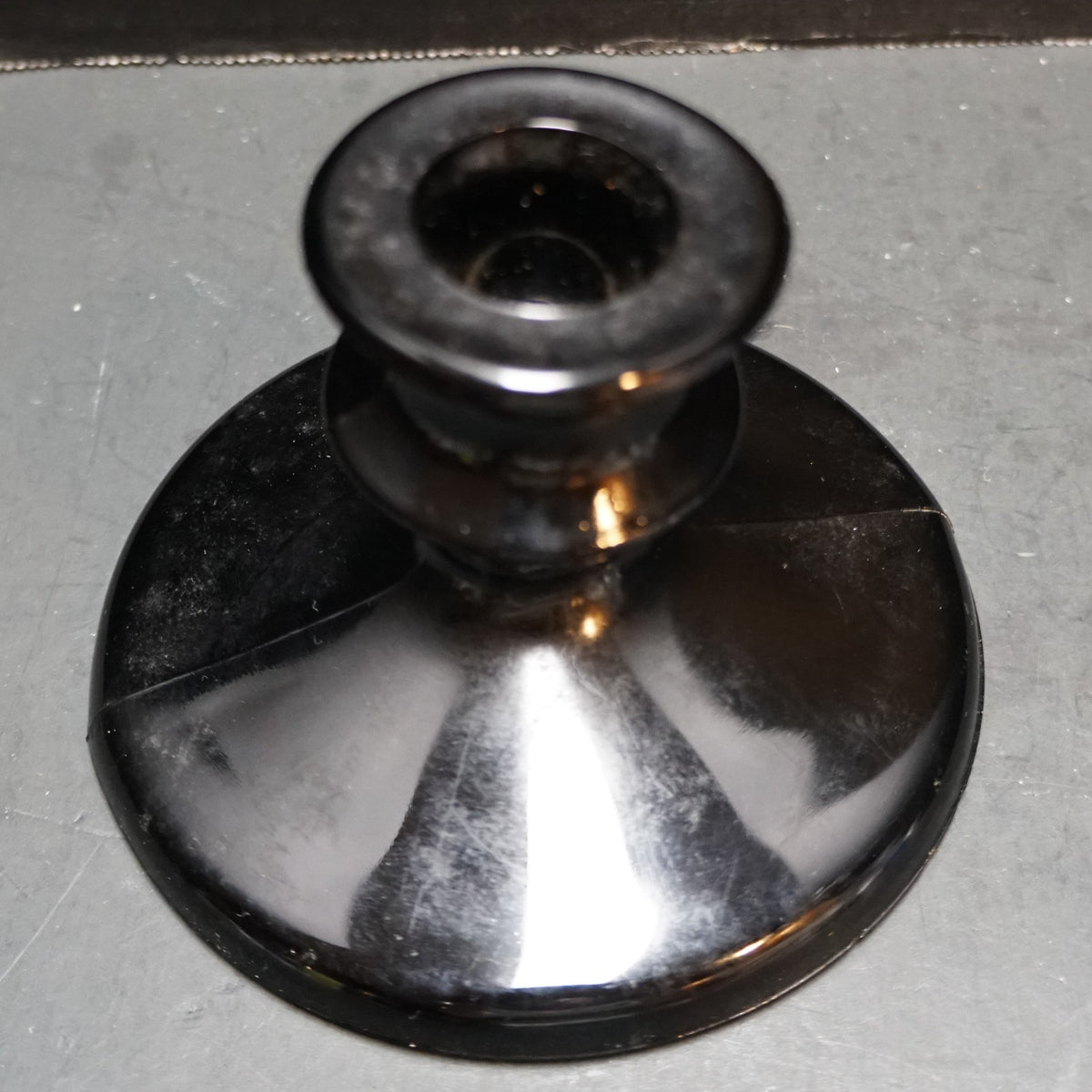 Black Glass Candle Stick Holder Single Light Depression Art Deco