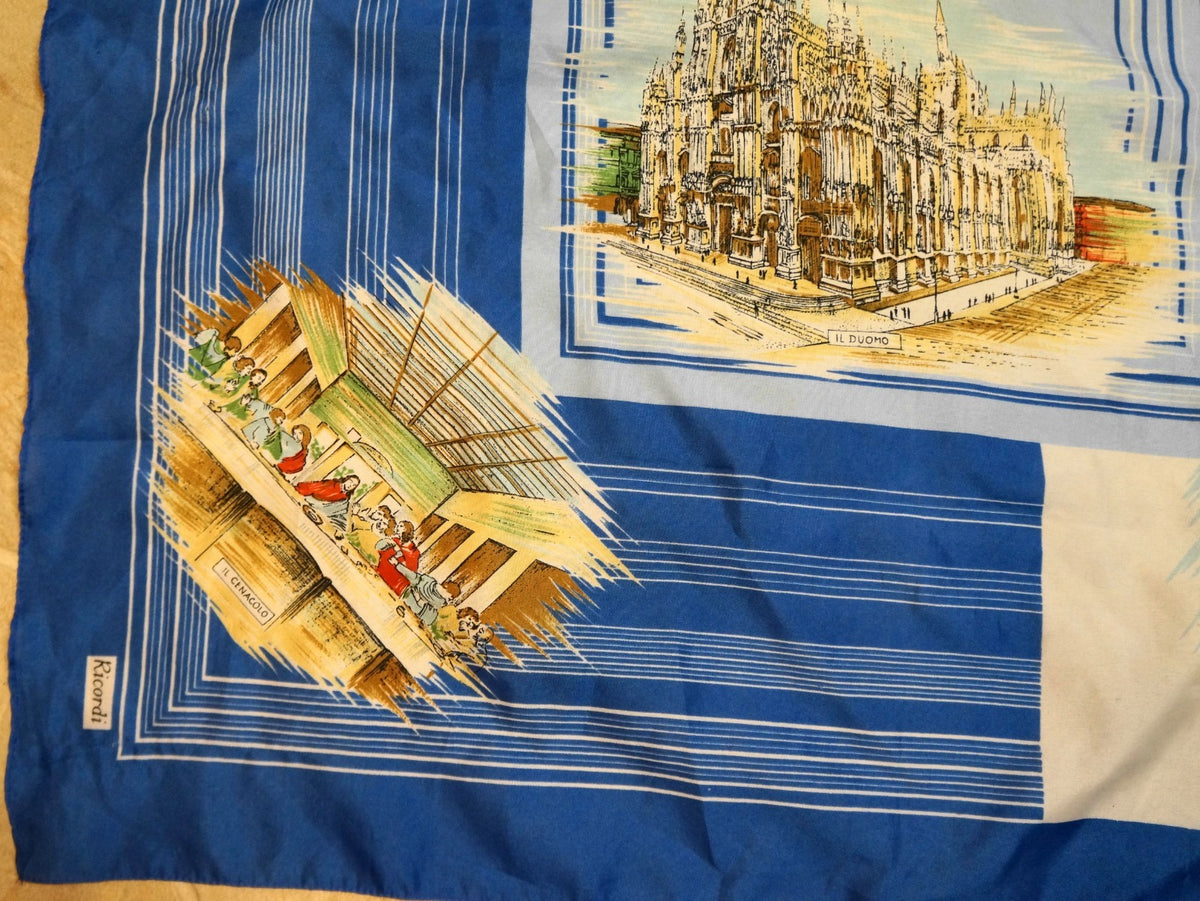 Italy Souvenir Scarf Tourism Scenes Blue and White Polyester