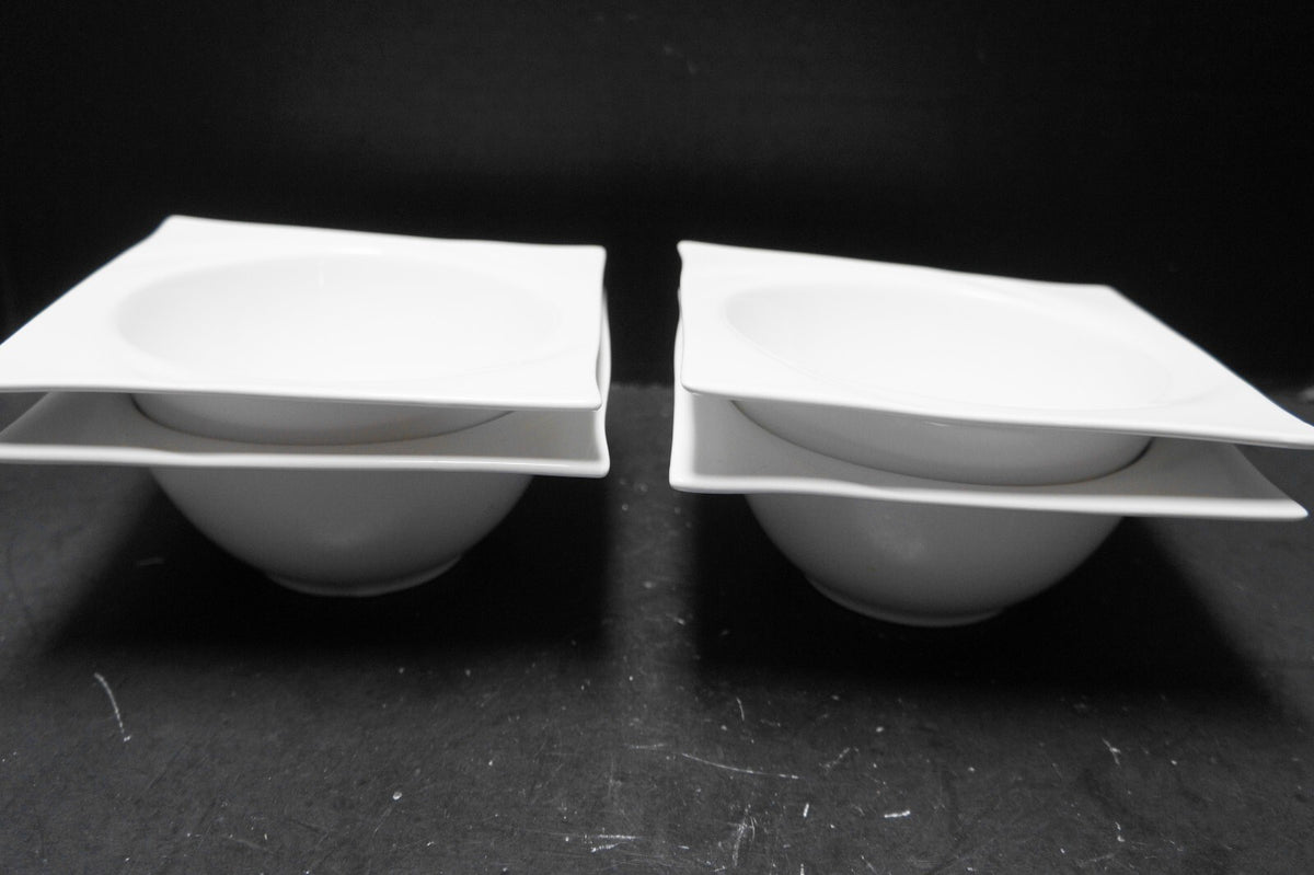 The Palm Restaurant White Square Wave Rim Soup Cereal Bowls Set of 4