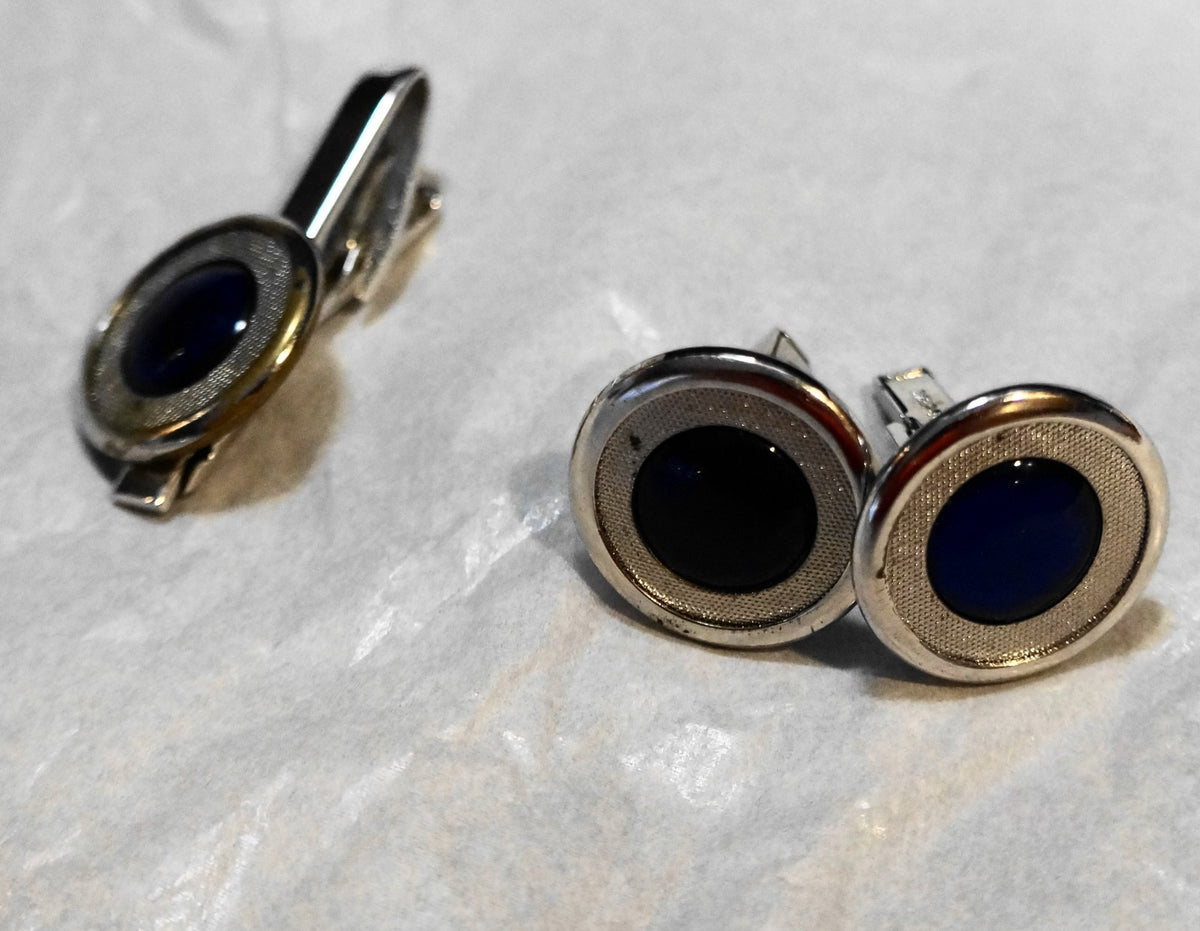 Cobalt Blue Glass Cab Textured Silver Tone Cufflinks Tie Bar
