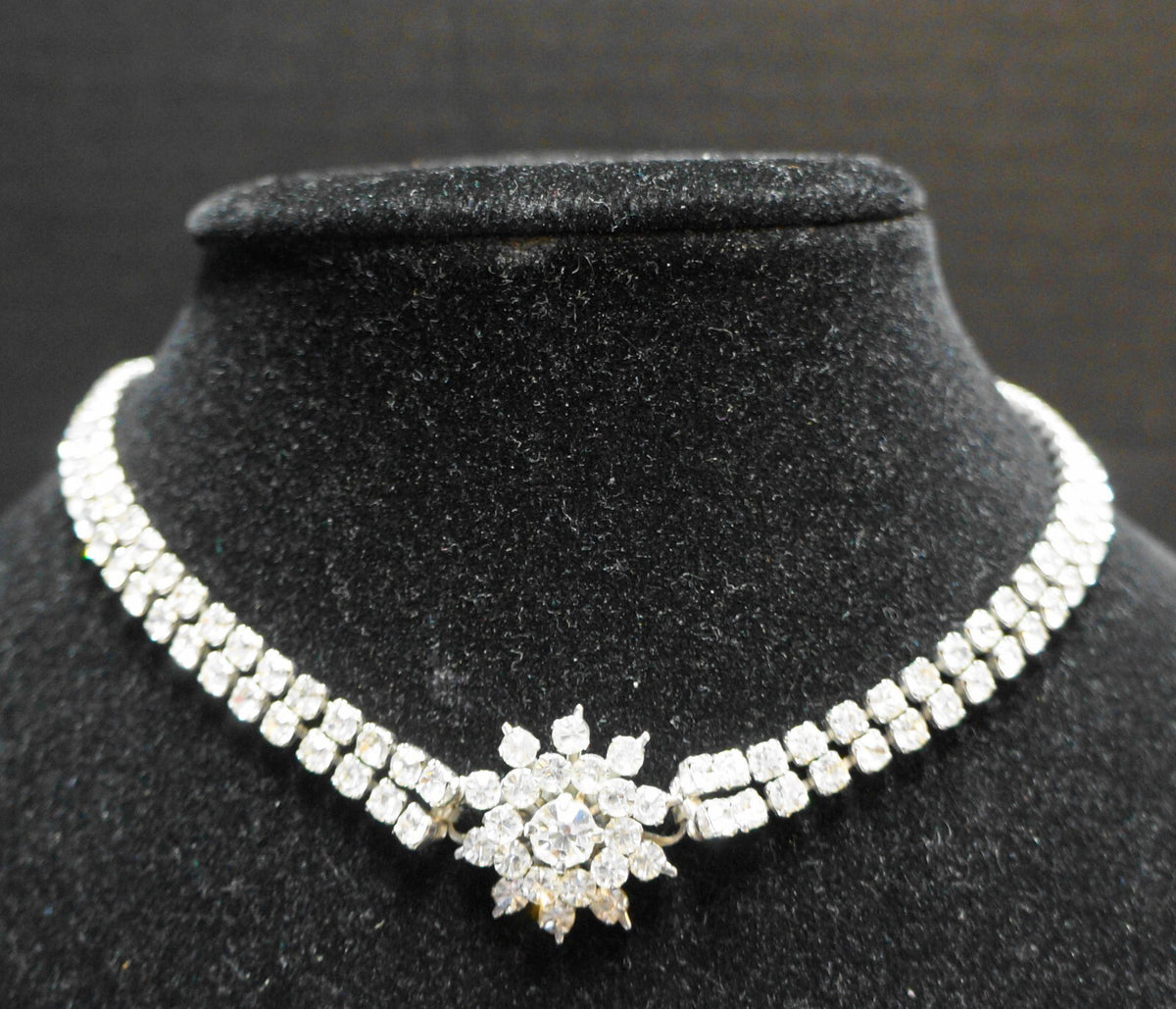 Clear Rhinestone Double Strand Choker Necklace Center Flower
