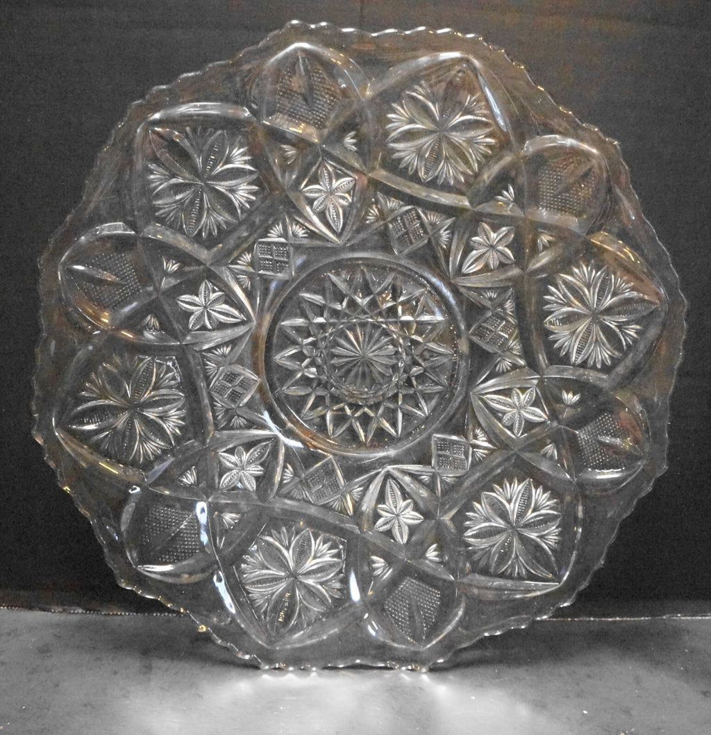 Rain Lily Flower Pressed Glass Pinecut Diamond 12" Plate Platter
