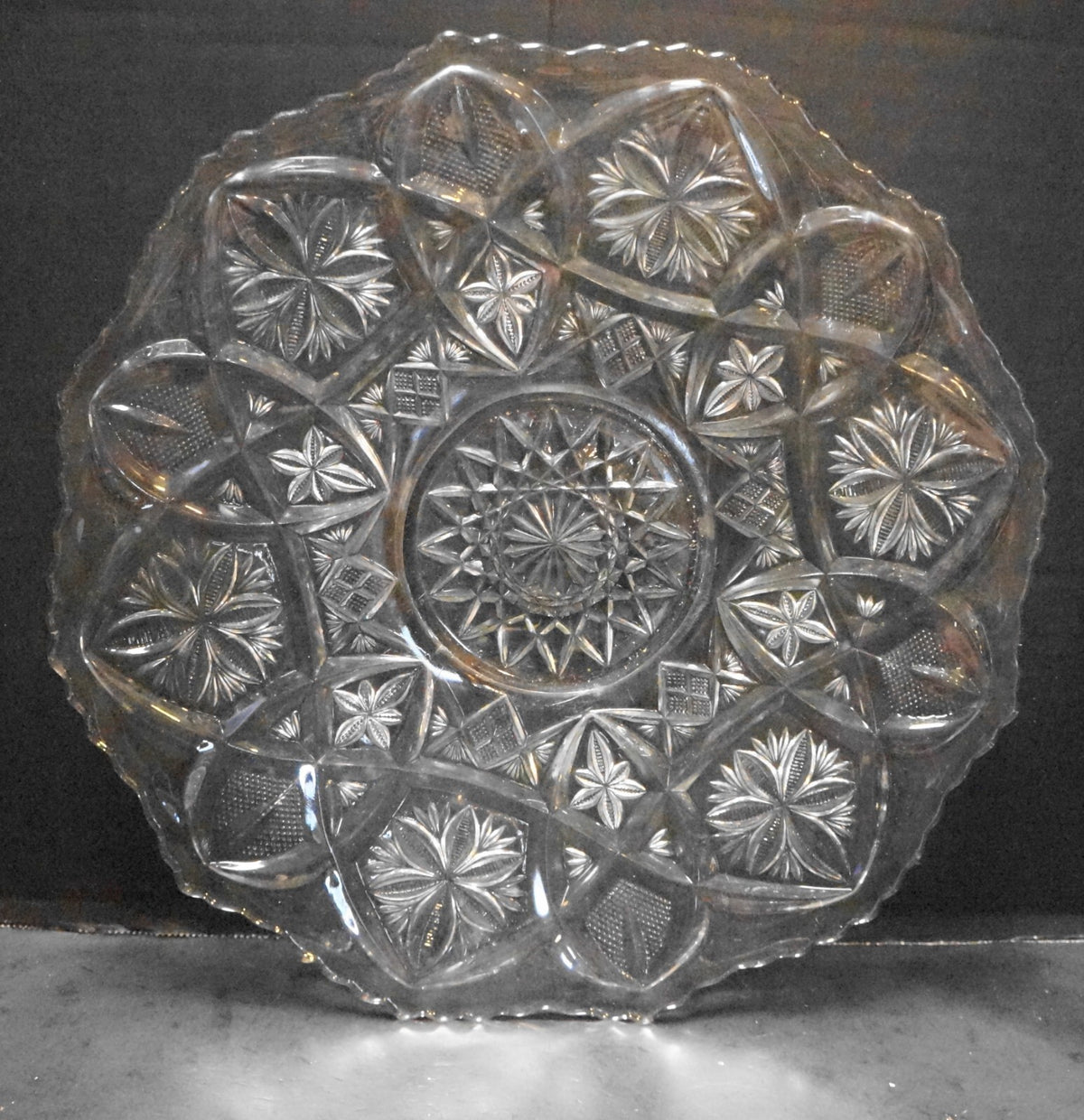 Rain Lily Flower Pressed Glass Pinecut Diamond 12" Plate Platter