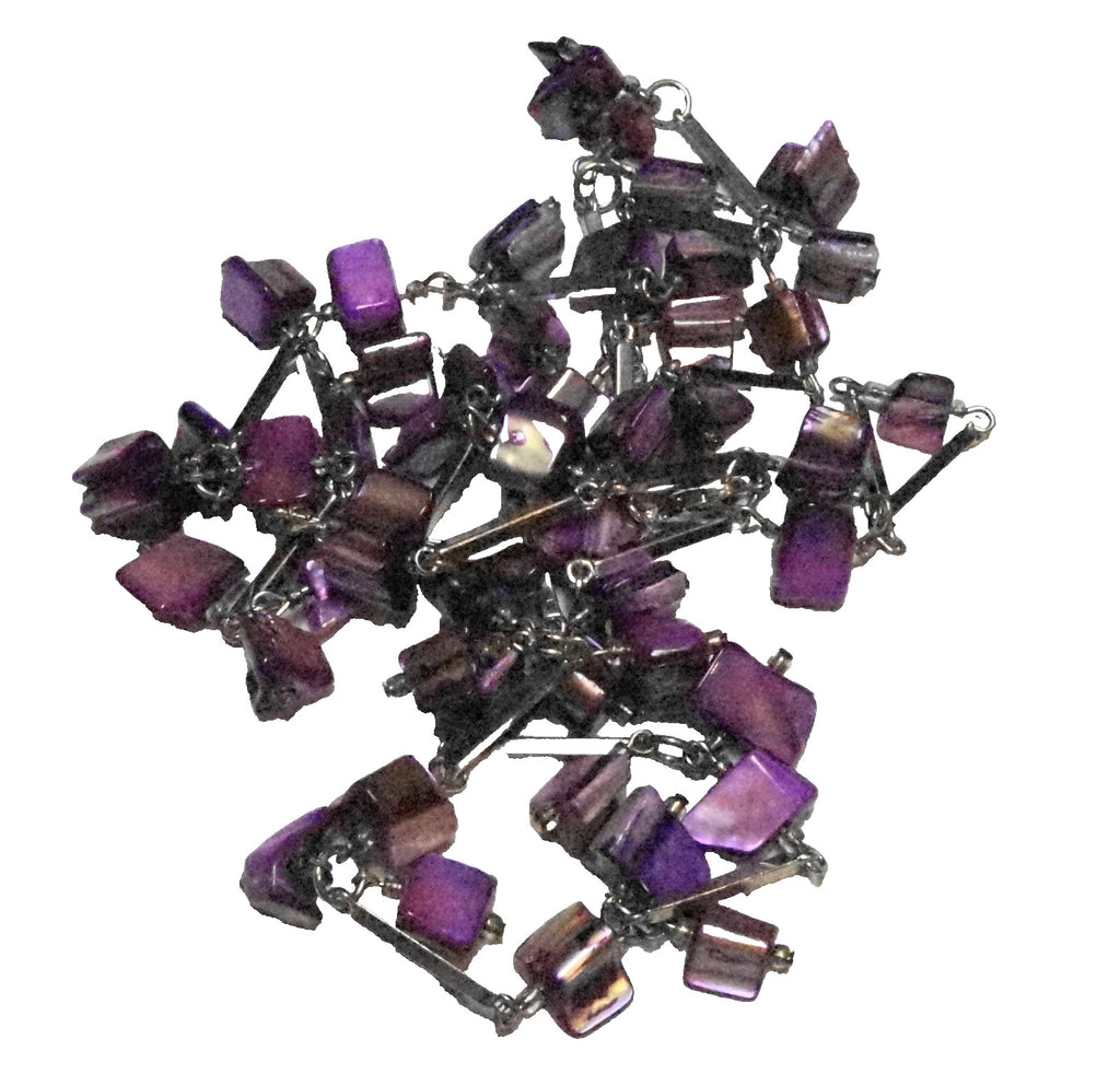 Purple Lavender Mother of Pearl Chip Silver Tone Tube Chain Necklace