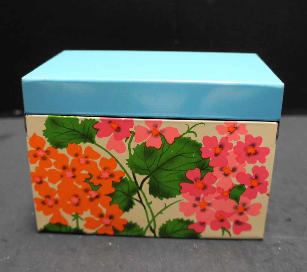 Ohio Art Recipe Box Sky Blue Lid Pink Orange Flowers