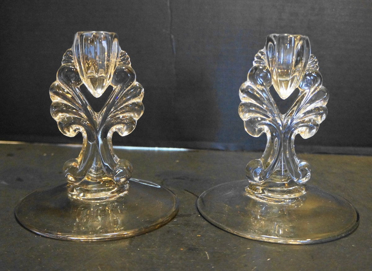 New Martinsville Janice Clear Depression Elegant Glass Candle Holders Pair