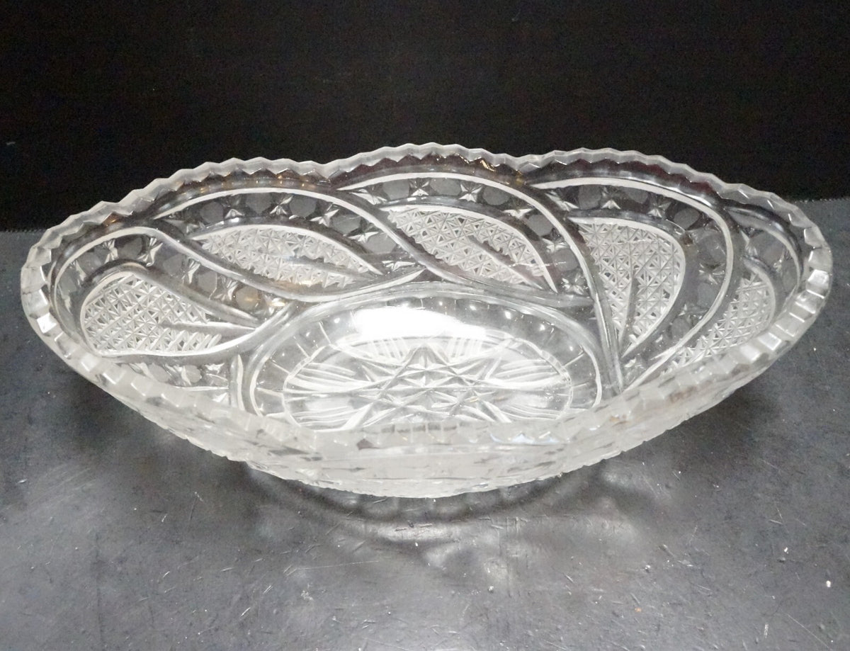 Cut Crystal Oval Gondola Relish Bowl Crosshatch Button Curves Frosted