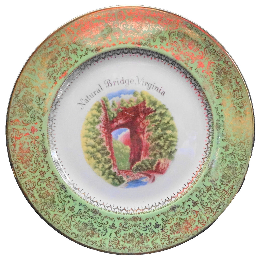 Natural Bridge, Virginia Souvenir Plate Green Border Gold Encrusted