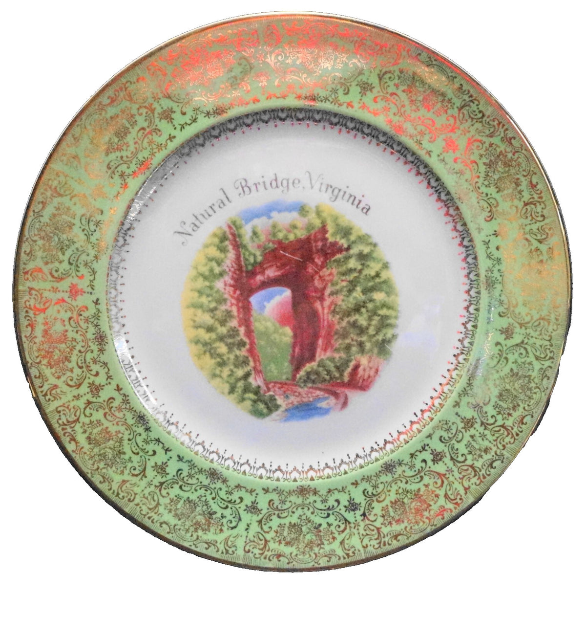 Natural Bridge, Virginia Souvenir Plate Green Border Gold Encrusted