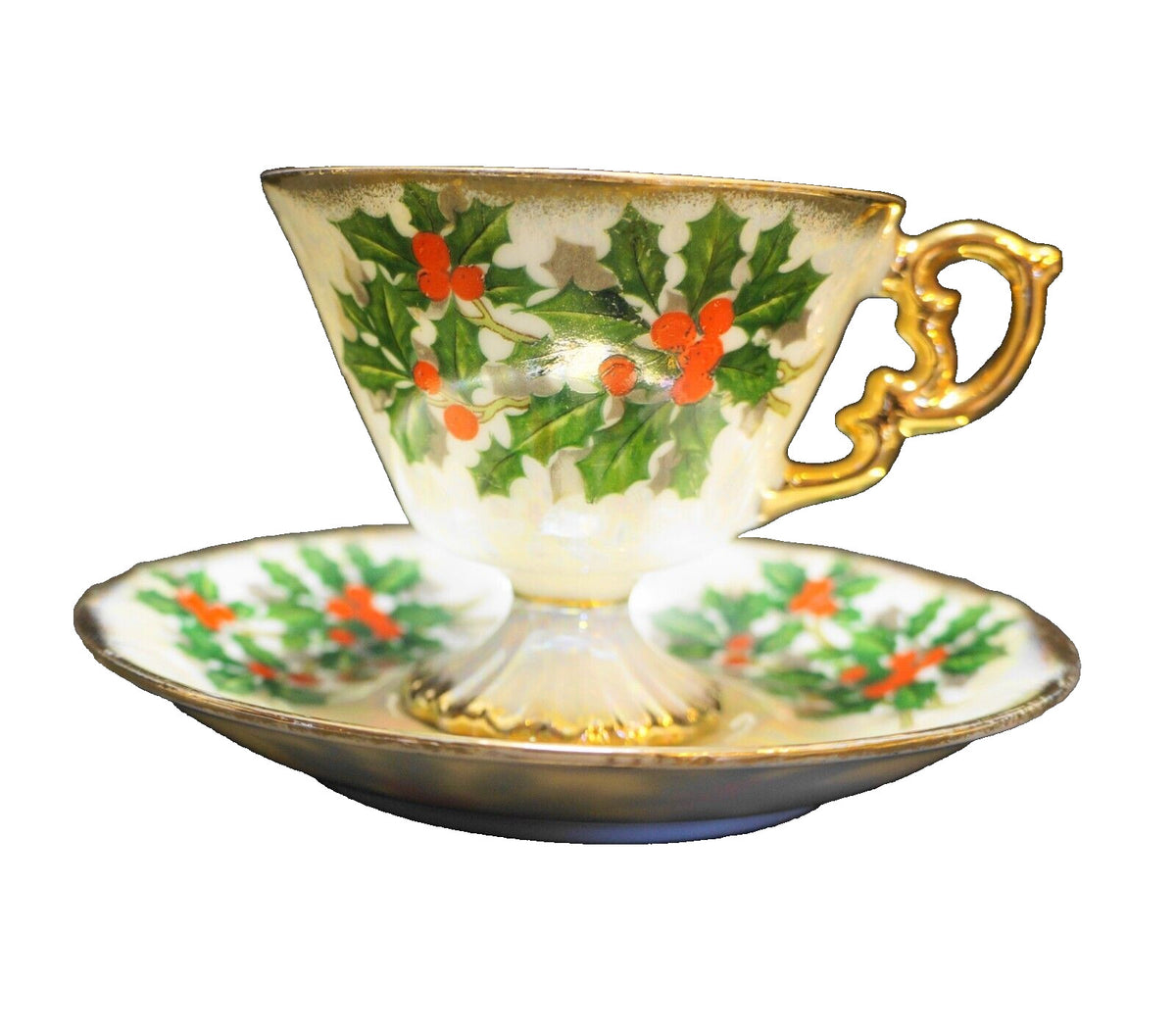 Ucagco December Holly Lusterware Cup Saucer 1950s