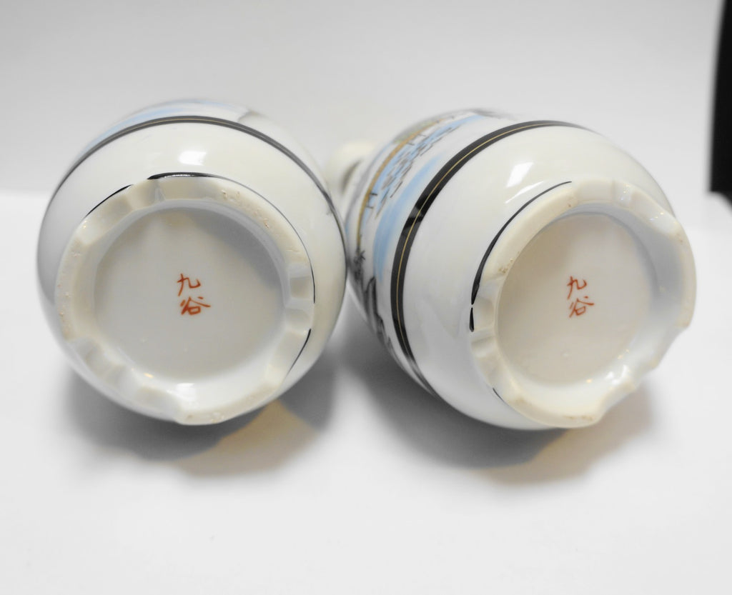 Kutani Japan Sake Bottles Pair Hand Painted Porcelain 1930s