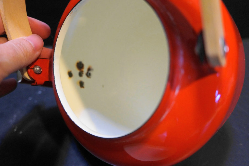 MCM Tomato Red Enamel Small Tea Kettle Tea Pot Pale Wood Handles