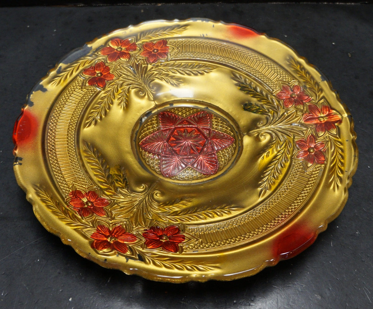Indiana Glass Narcissus Spray Goofus Red Gold Carnival Plate EAPG