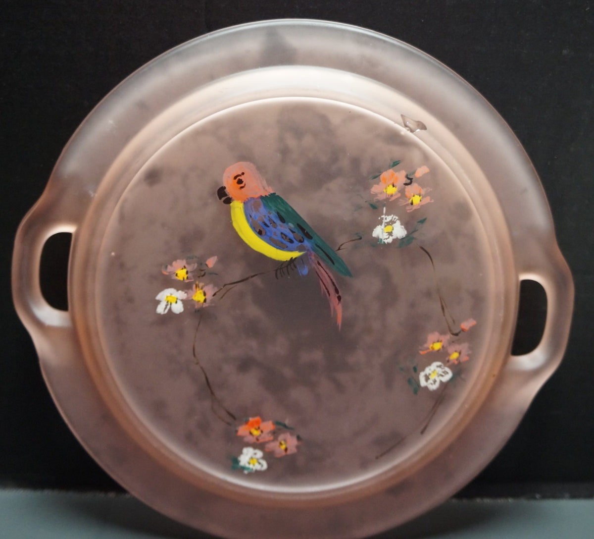 Tiffin Parrot Jungle Assortment Pink Satin Glass Double Handle Cake Plate