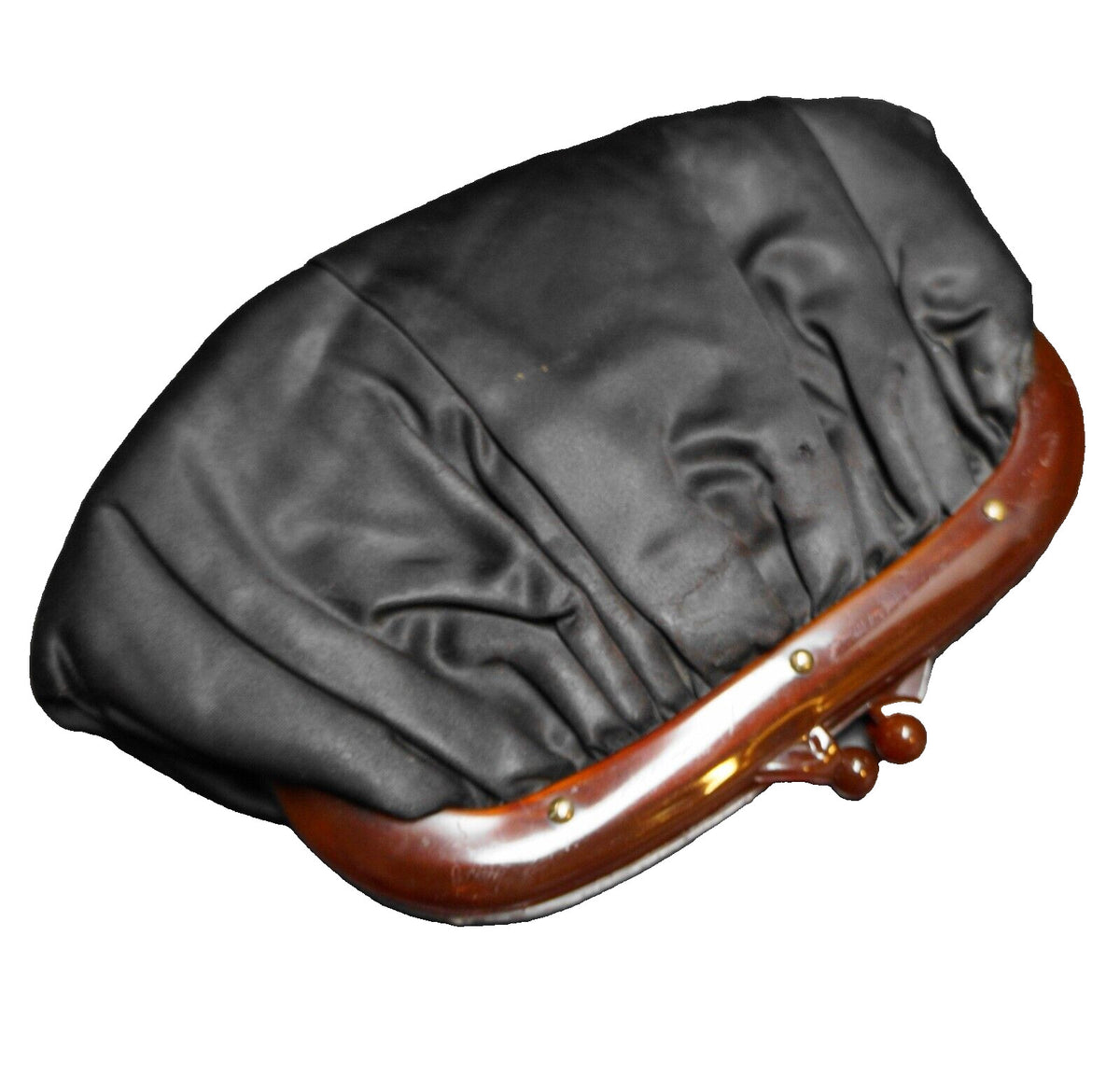 Black Satin Clutch Purse Root Beer Lucite Frame Kiss Clasp