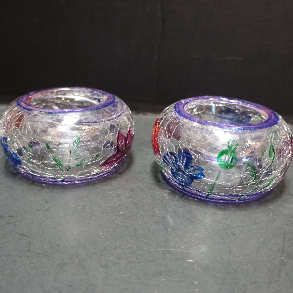 Yankee Candle Crackle Glass Floral Hand Painted Tea Light Votive Candle Holders