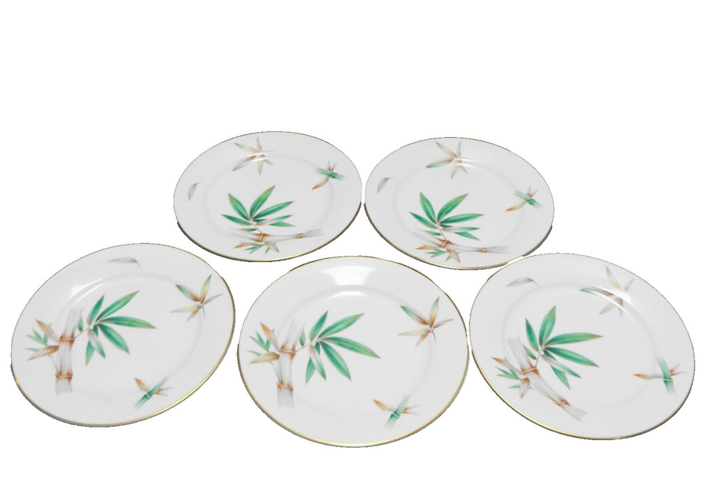 Noritake Bamboo Salad Plates Green Brown Rim Shape 7 1/2" Set of 5