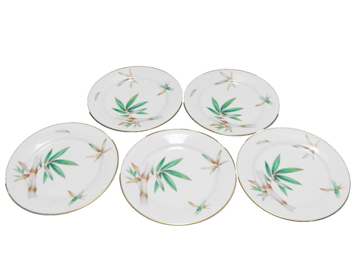 Noritake Bamboo Salad Plates Green Brown Rim Shape 7 1/2" Set of 5