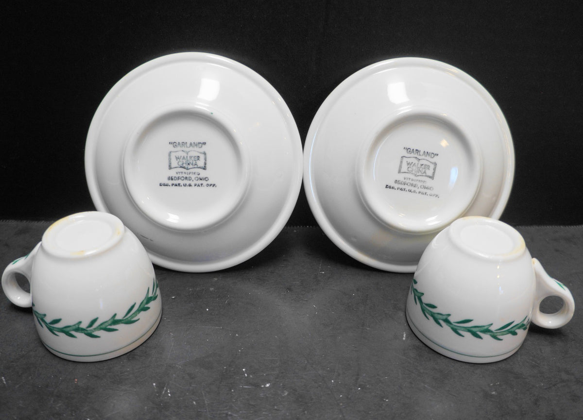 Walker Vitrified China Green Garland Demitasse Cups Saucers Pair
