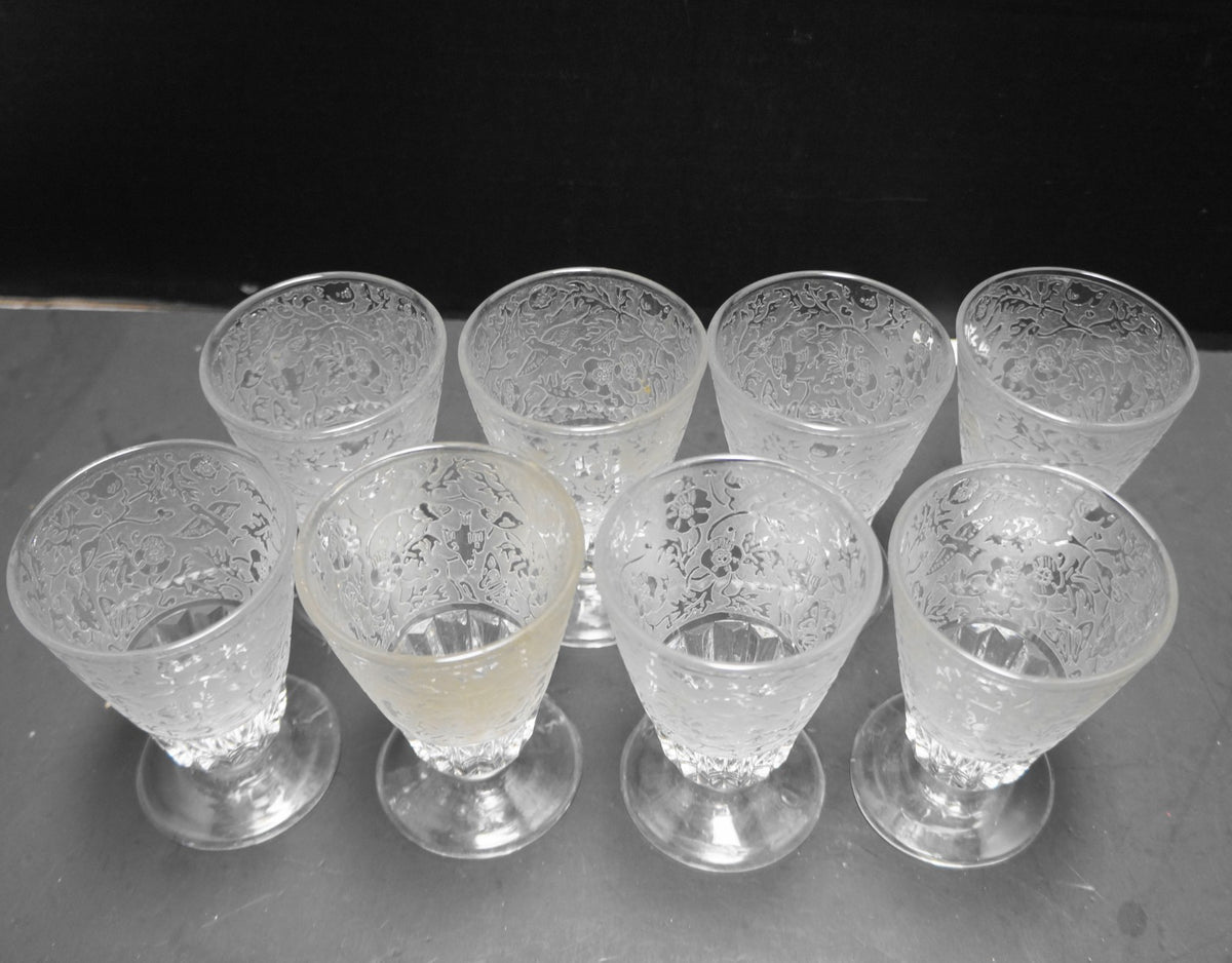 Paden City Spring Orchard Etched Flowers Birds Juice Glasses Set of 8