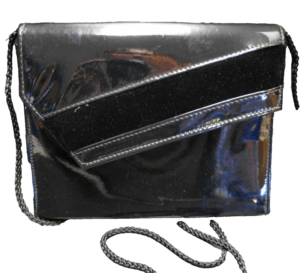 City Nights Black Patent Evening Bag Diagonal Velvet Stripe Flap