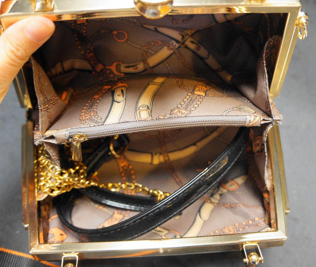 La Terre Fashion Black Patent Vegan Leather Clear Rhinestones Purse Box Style