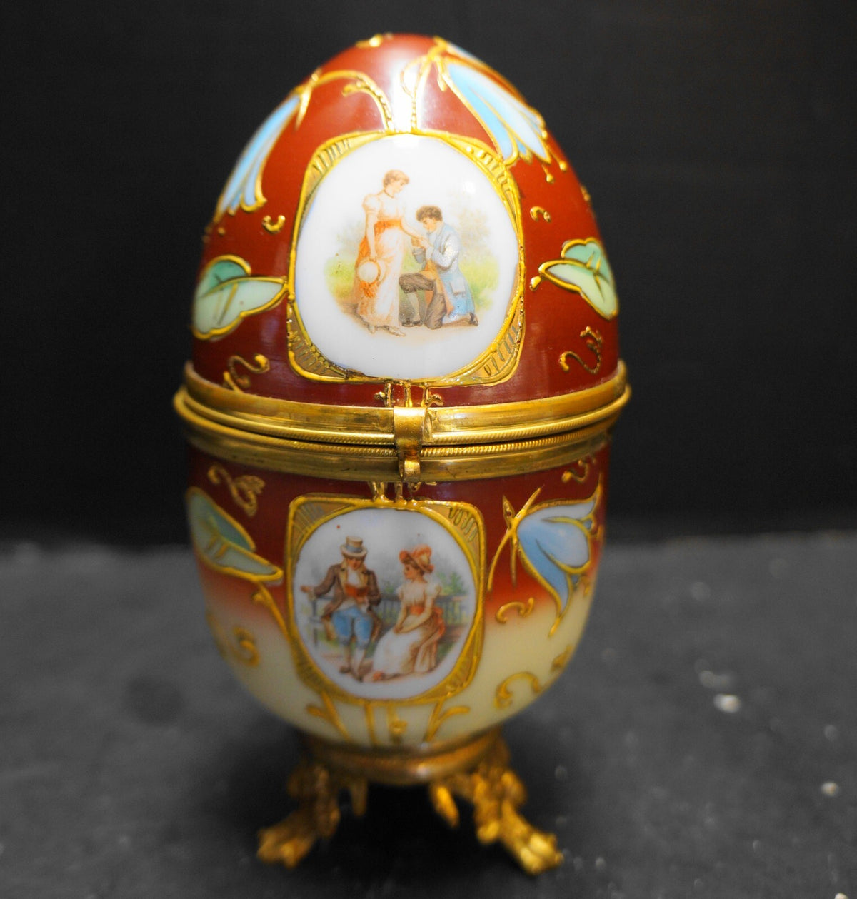 Hand Painted Opal Milk Glass Egg Rust Fade Transfer Portraits Gold Trim Box