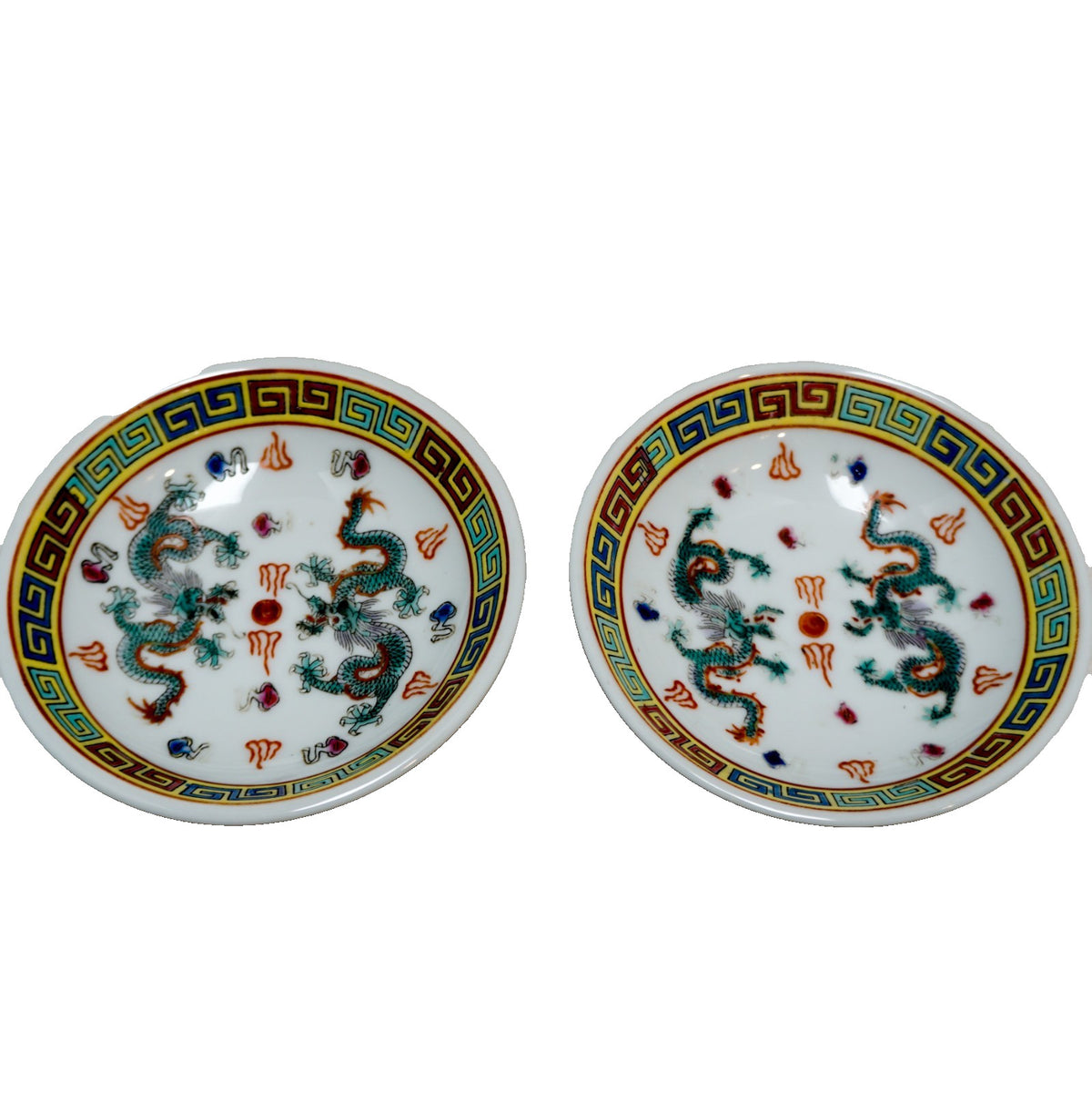 Jingdezhen China Porcelain Polychrome Dragon Soy Sauce Dip Tiny Bowls Pair