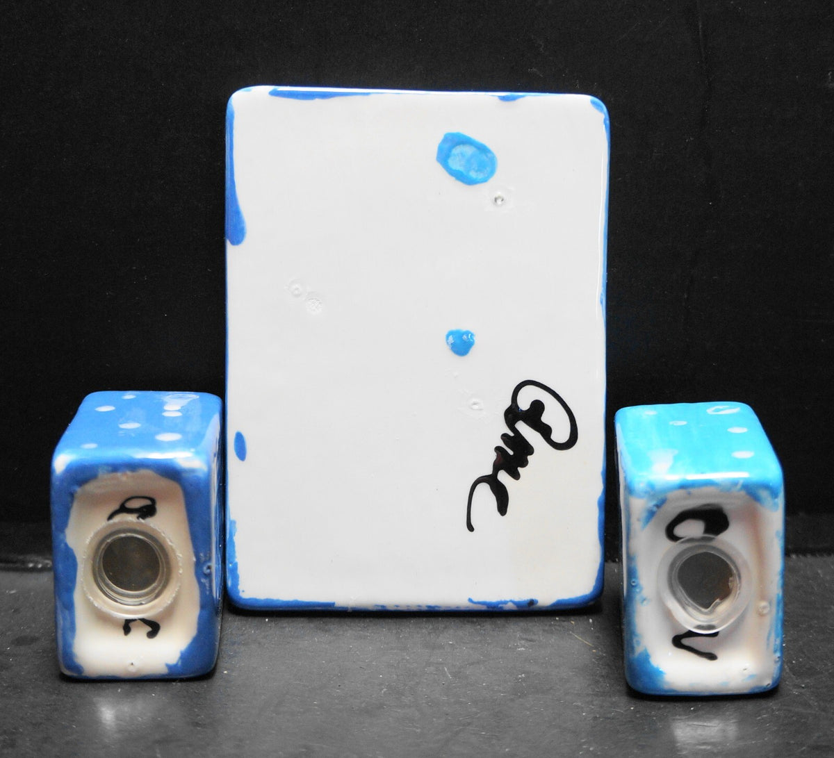 Hand Painted Blue White Dots Salt Pepper Shakers Tray Ceramic