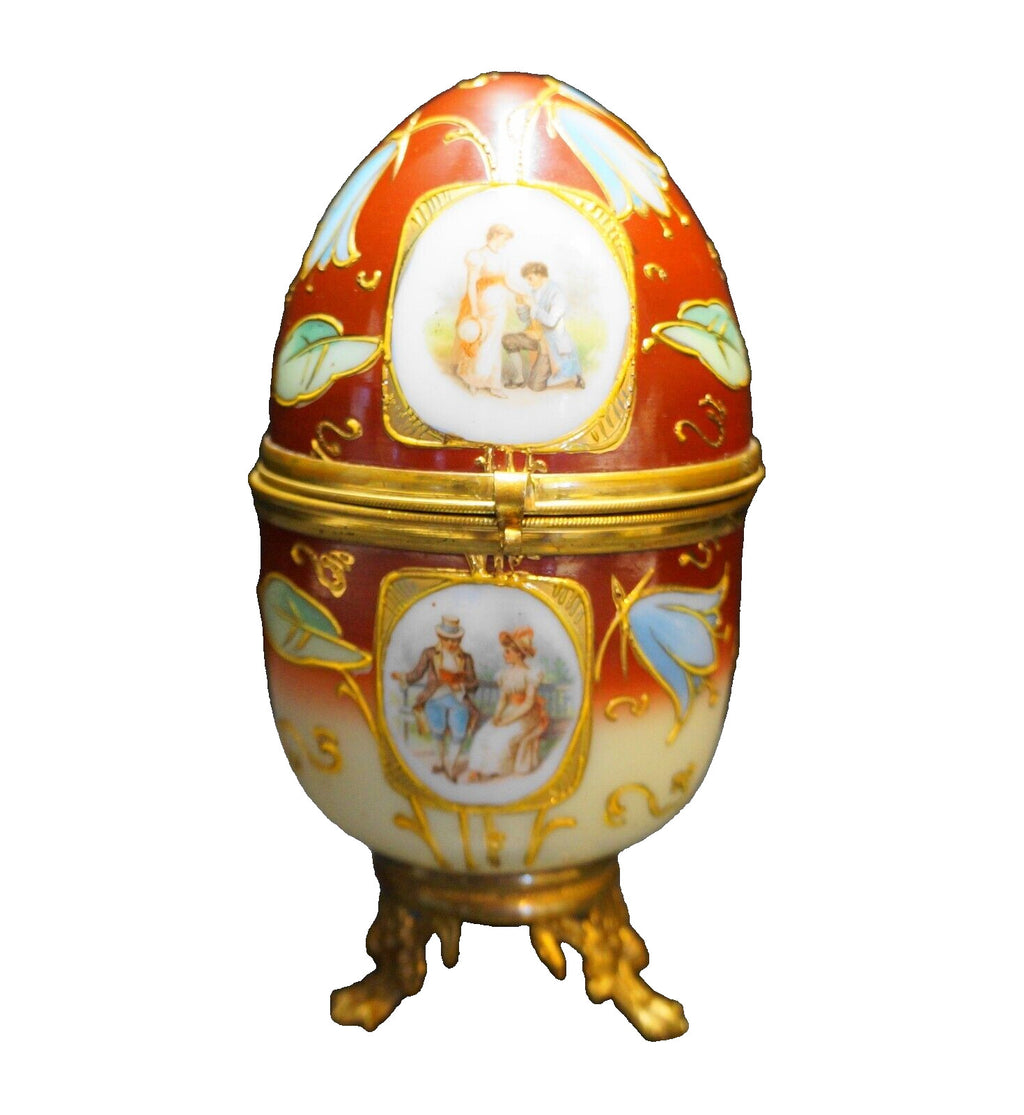 Hand Painted Opal Milk Glass Egg Rust Fade Transfer Portraits Gold Trim Box