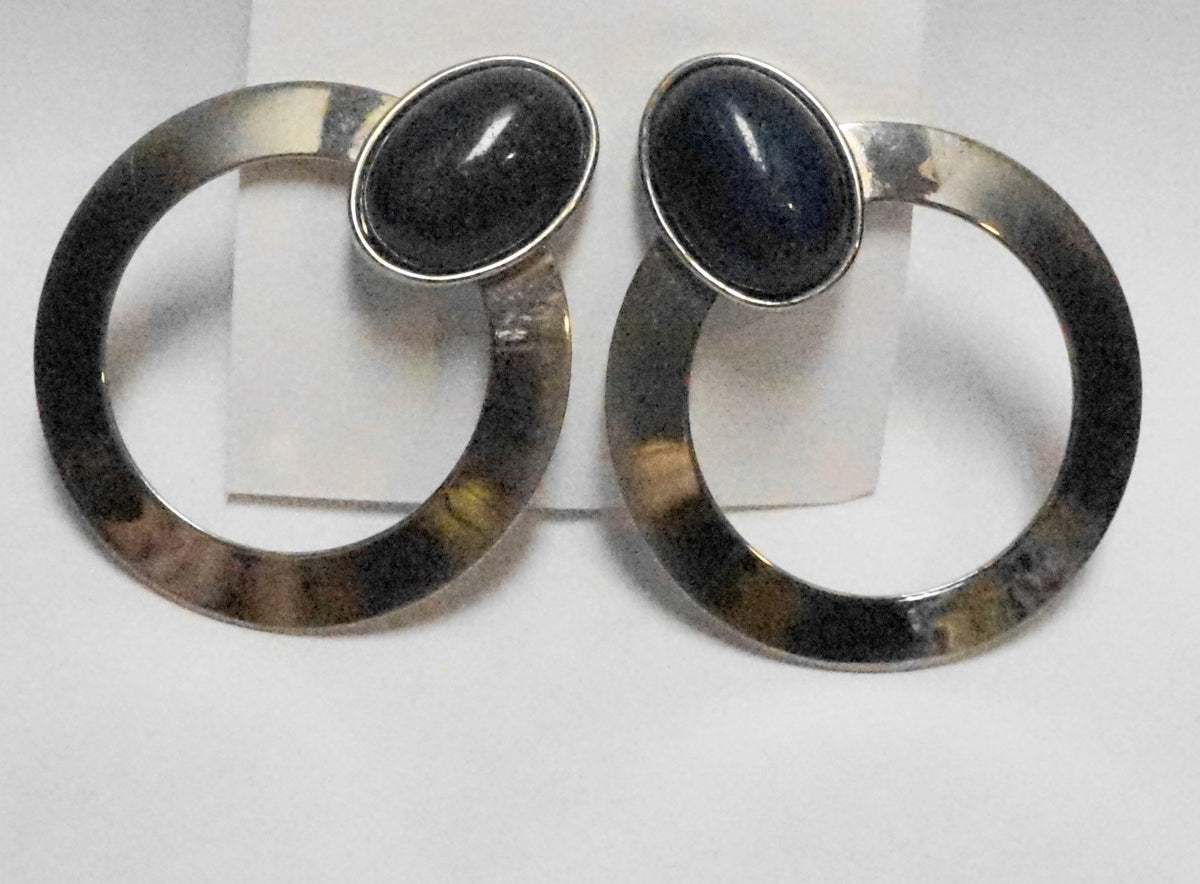 Blue Stone Oval Silver Tone Metal Doorknocker Earrings