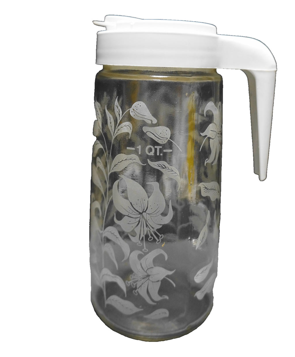 Tang Pitcher White Plastic Lid Etched Lilies Floral Brocade 1 Qt