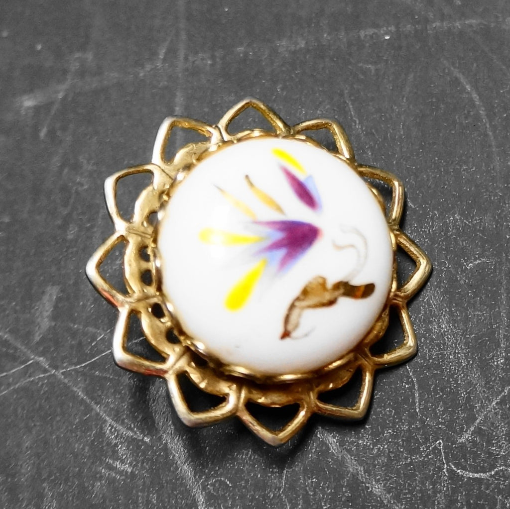 Hand Painted Flower Porcelain Pin Brooch Small Round