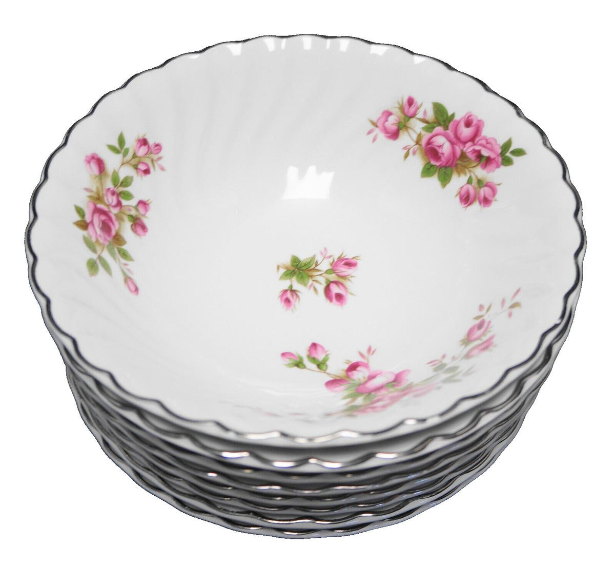 Johnson Bros England Regency Pink Roses Platinum Trim Coupe Cereal Bowls Set 8