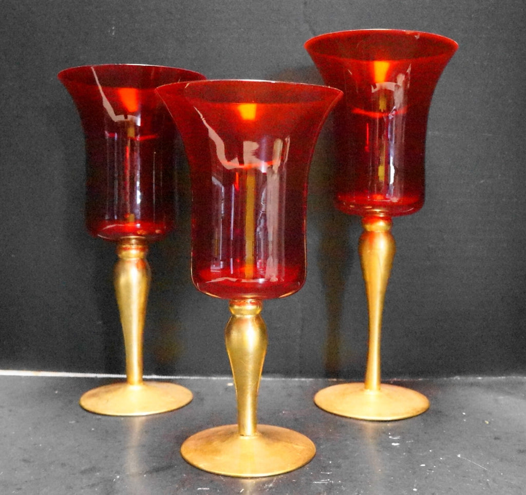 Ruby Red Glass Gold Painted Stems Candle Holders Trio Large Goblet Style